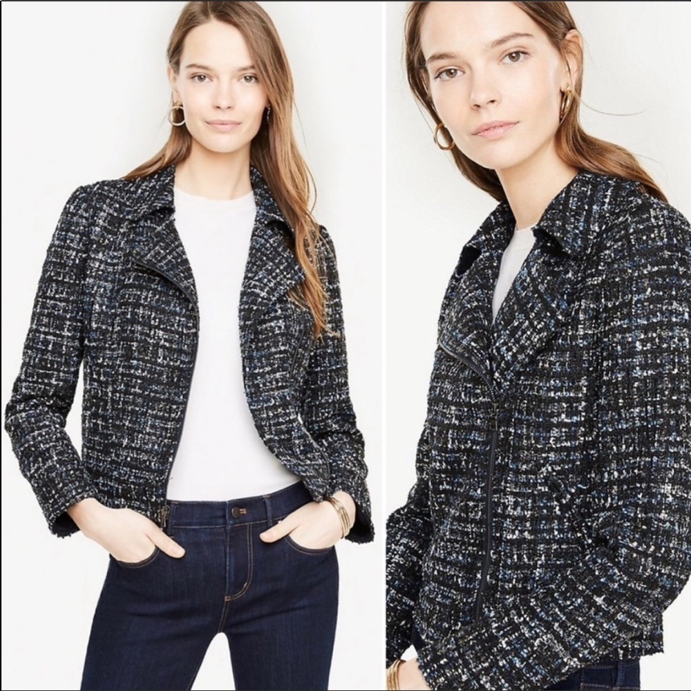 Ann Taylor | Blue Black Silver Tweed Moto Jacket NWT